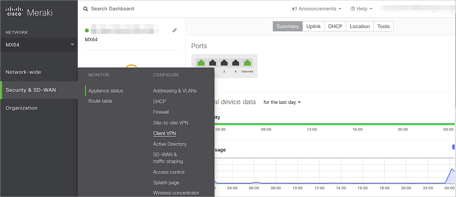 Screenshot of the Meraki config